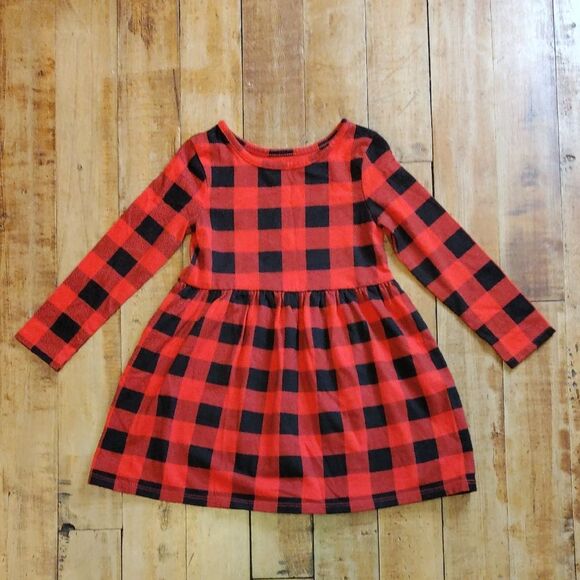 Cat & Jack Dress 4T Red Black Buffalo Plaid Dress Holiday Christmas Cotton - Picture 1 of 5
